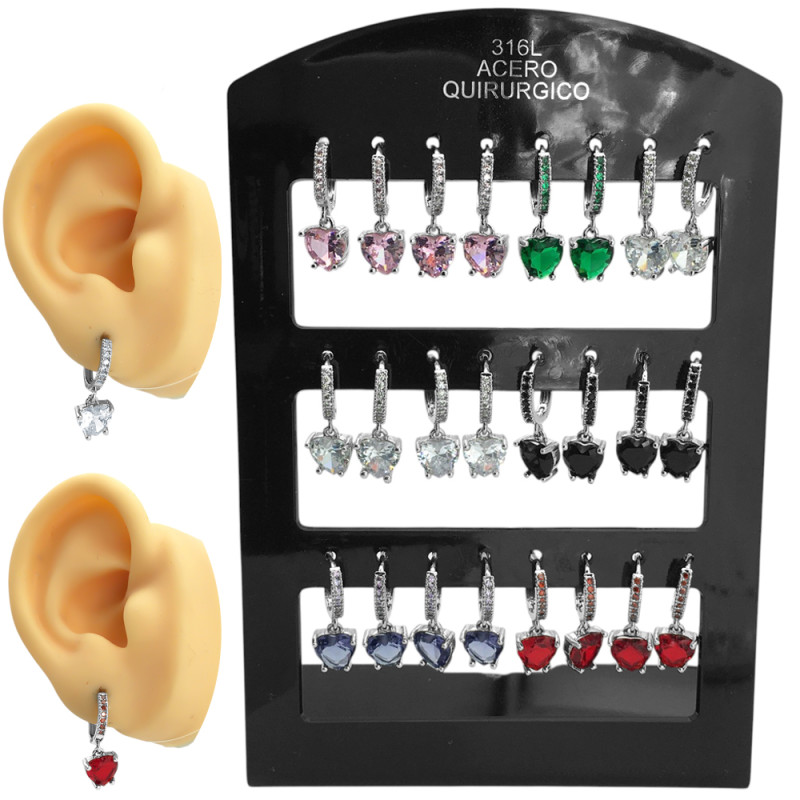BLISTER X12 PARES CORAZON Y LINEA DE STRASS COLOR SURTIDOS EN BISAGRA 12MM AROS
