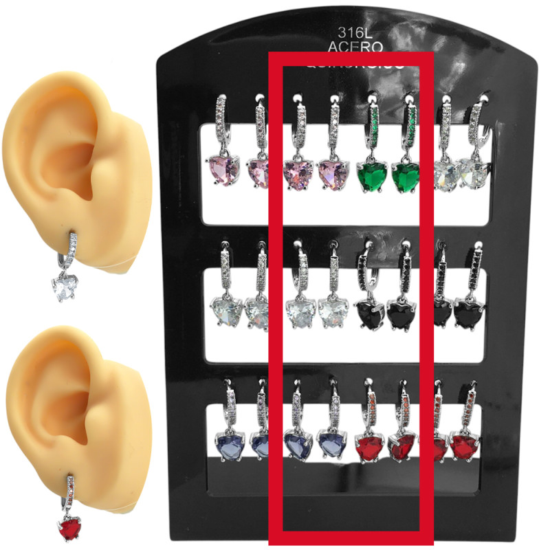 MEDIO BLISTER X6 PARES CORAZON Y LINEA DE STRASS COLOR SURTIDOS EN BISAGRA 12MM AROS