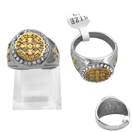 MACIZO SAN BENITO CENTRO DORADO Y STRASS C/ DOBLE IMAGEN ANILLO