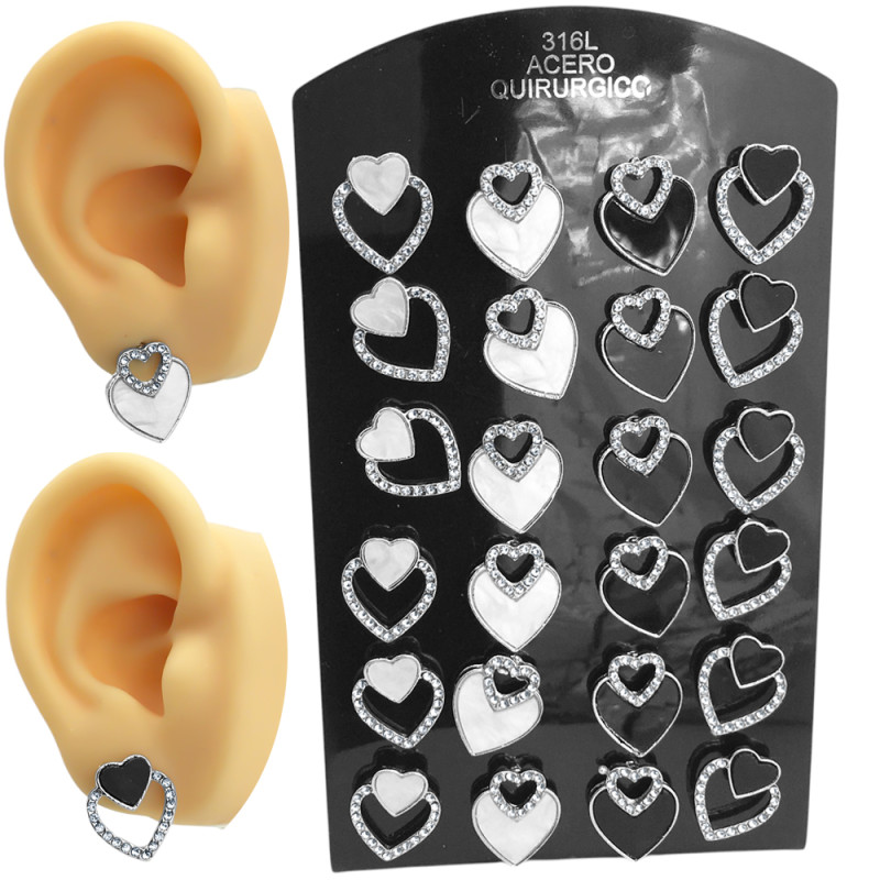 BLISTER X12 PARES CORAZON C/ STRASS INVERTIDOS NEGRO Y TIPO NACAR ARO