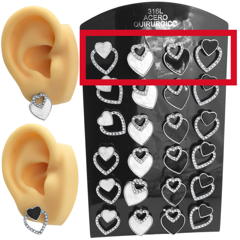 DOS (2) PARES PARES CORAZON C/ STRASS INVERTIDOS NEGRO Y TIPO NACAR ARO