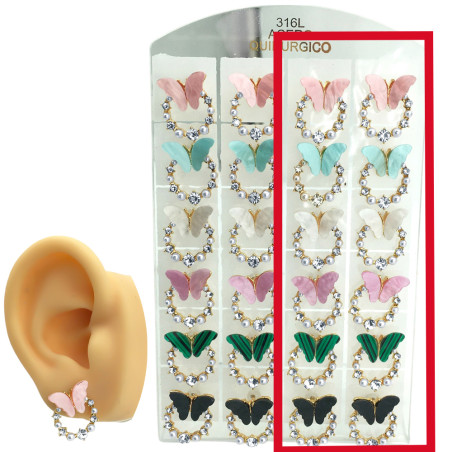 DORADO MEDIO BLISTER x6 PARES MARIPOSAS C/ CIRCULO DE PERLAS Y STRASS ARO