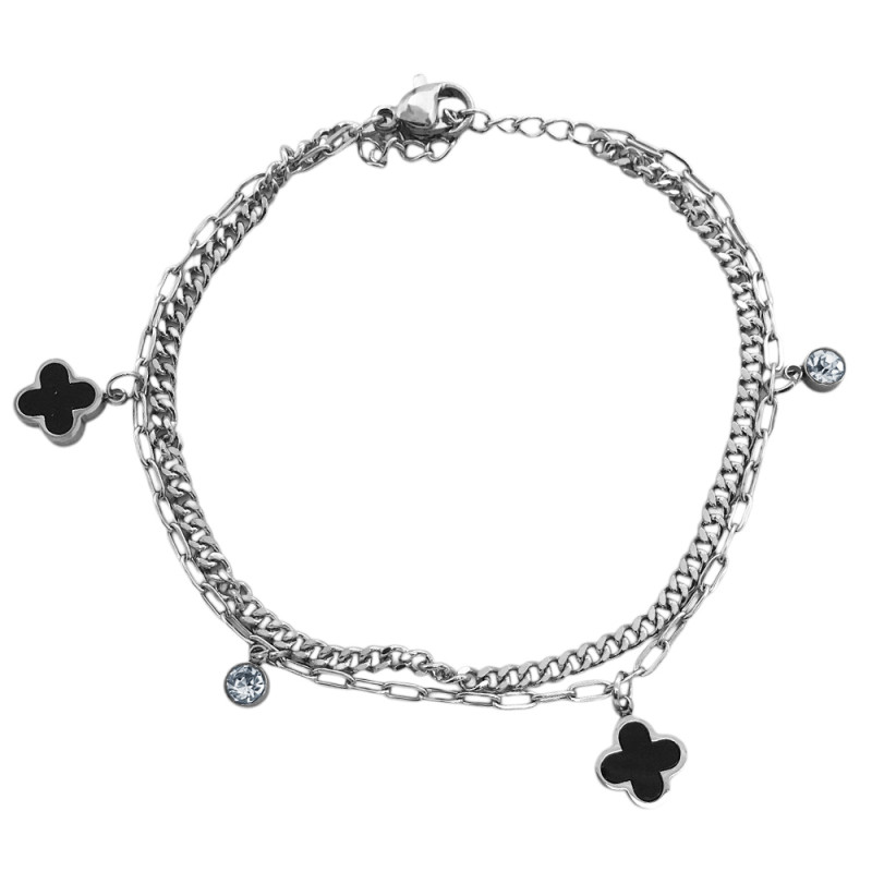 DOBLE CADENA 18+3CM TREBOLES NEGROS Y CILINDROS C/ STRASS PULSERA