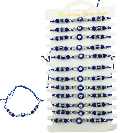 BLISTER x12 HILO OJOS TURCOS MANITO DE FATIMA CUENTAS AZULES PULSERA / TOBILLERA