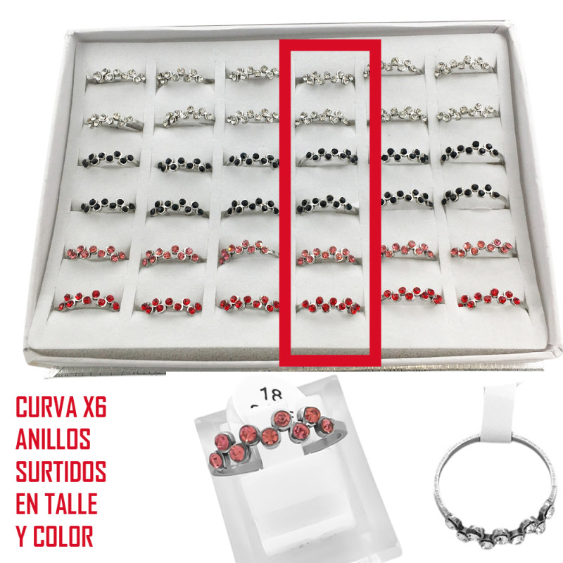 CURVA X6 ANILLOS ZIG ZAG STRASS DE COLORES SURTIDOS ANILLO
