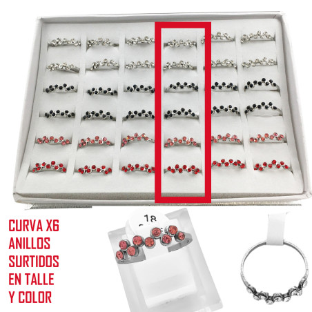 CURVA X6 ANILLOS ZIG ZAG STRASS DE COLORES SURTIDOS ANILLO