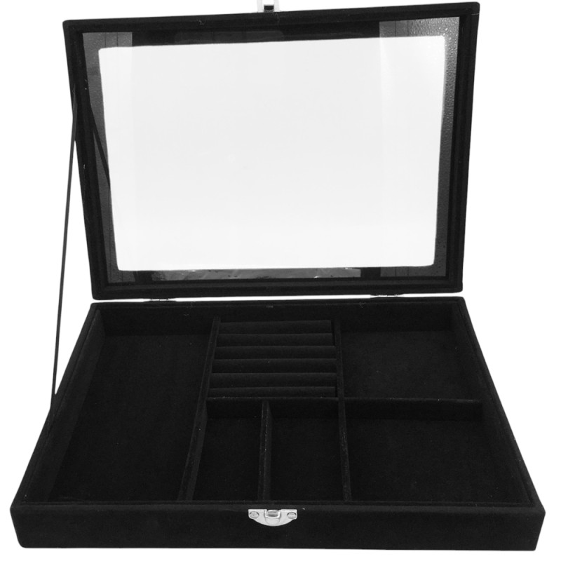 PANA NEGRA EXHIBIDOR BIJOUTERIE TAPA TRANSPARENTE C/ DIVICIONES DIJES