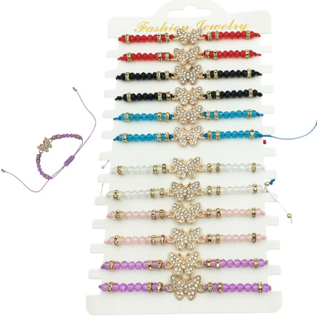 DORADO BLISTER x12 HILO MARIPOSA STRASS Y CUENTAS COLORES SURTIDOS PULSERA / TOBILLERA