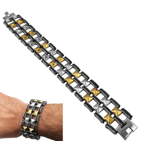 PREMIUM 25MM-21CM PIRAMIDES TRES COLORES DORADO / NEGRO Y ACERO PULSERA