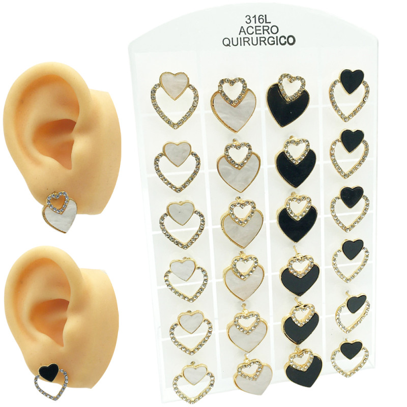 DORADO BLISTER X12 PARES CORAZON C/ STRASS INVERTIDOS NEGRO Y TIPO NACAR ARO