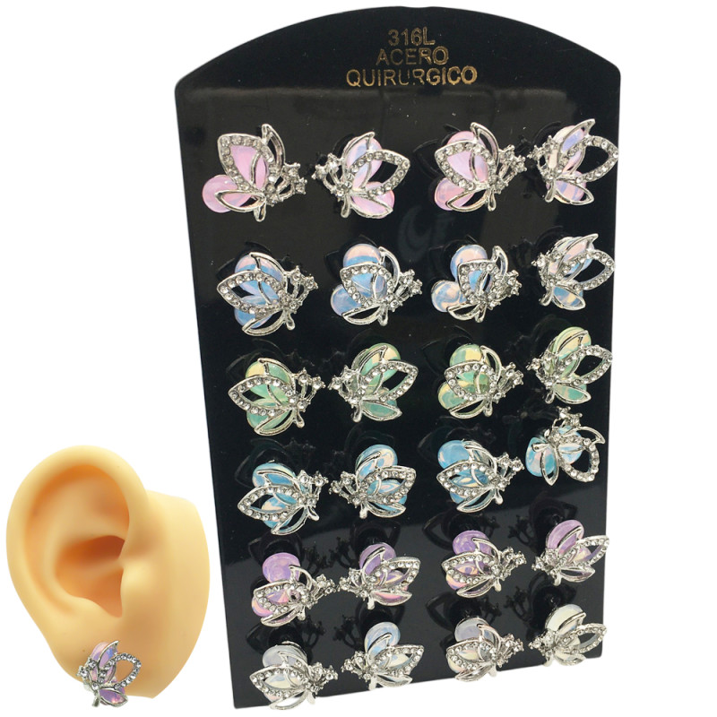 BLISTER x12 PARES MARIPOSAS CALADAS C/ BORDE STRASS Y FONDO COLOR SURTIDO ARO