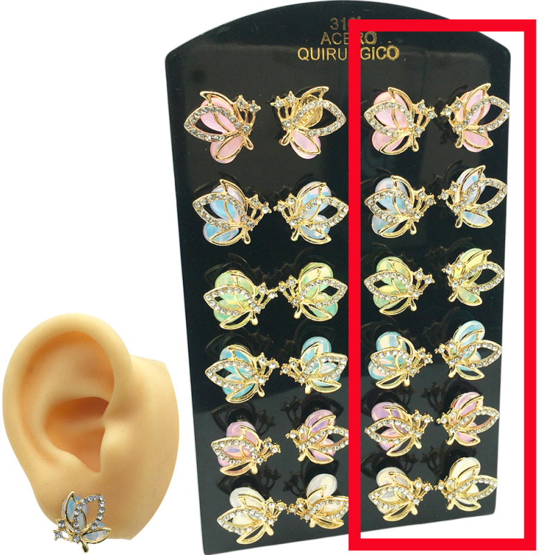 DORADO X6 PARES MARIPOSAS CALADAS C/ BORDE STRASS Y FONDO COLOR SURTIDO ARO