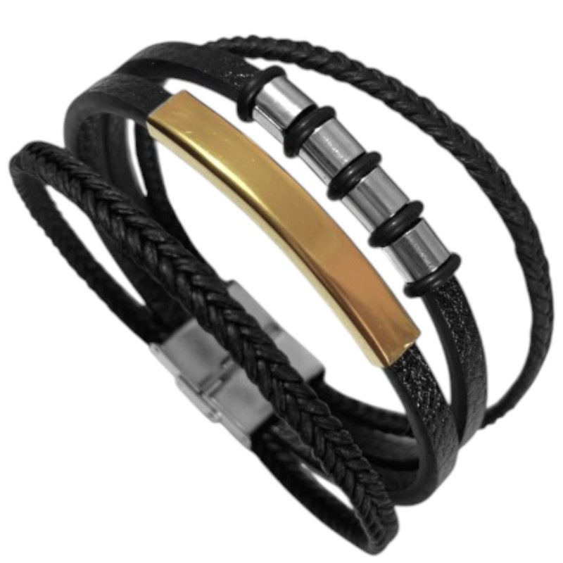 CUERO CUADRUPLE CHAPA DORADA Y 4 CILINDROS ACERO REGULABLE SE PUEDE GRABAR PULSERA