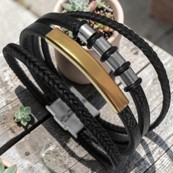 CUERO CUADRUPLE CHAPA DORADA Y 4 CILINDROS ACERO REGULABLE SE PUEDE GRABAR PULSERA