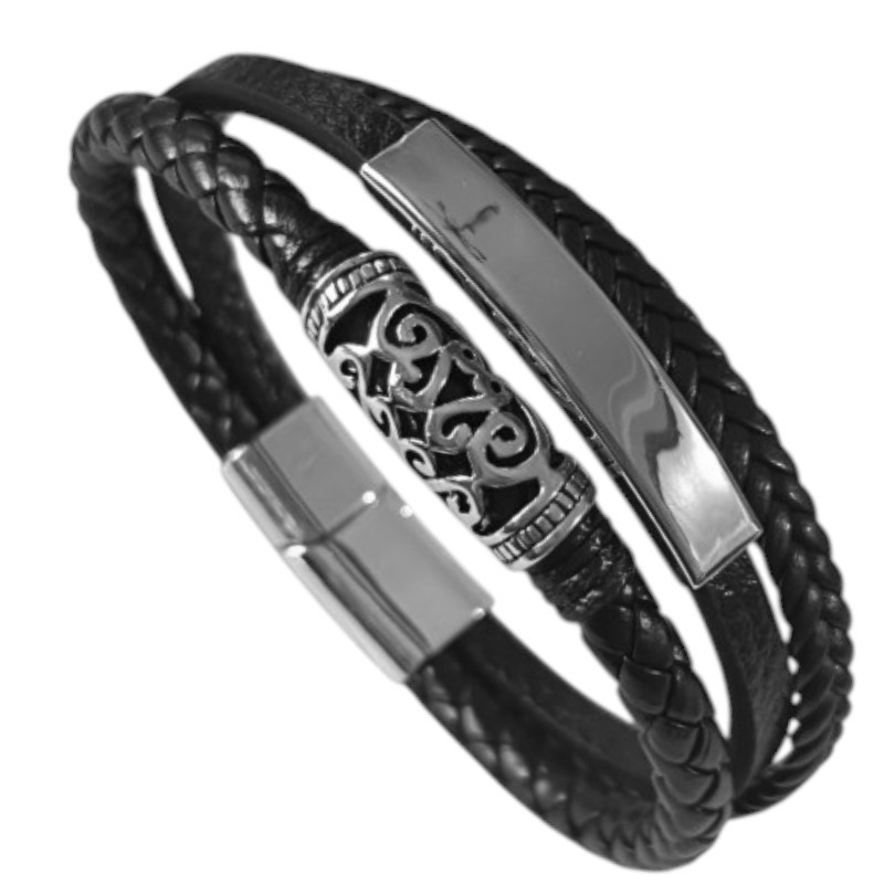 CUERO TRIPLE CHAPA Y ADORNO CALADO ACERO SE PUEDE GRABAR CIERRE IMANTADO C/ TRABA PULSERA