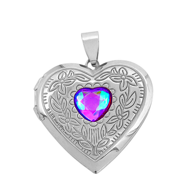 VIOLETA TORNASOLADO CLARO CRISTAL RELICARIO FLOR CORAZON DIJE