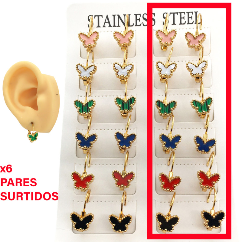 DORADO x6 PARES MARIPOSAS 6 COLORES DISTINTOS C/ BORDE BOLITAS ARO