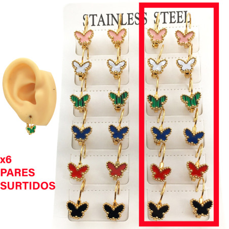 DORADO x6 PARES MARIPOSAS 6 COLORES DISTINTOS C/ BORDE BOLITAS ARO