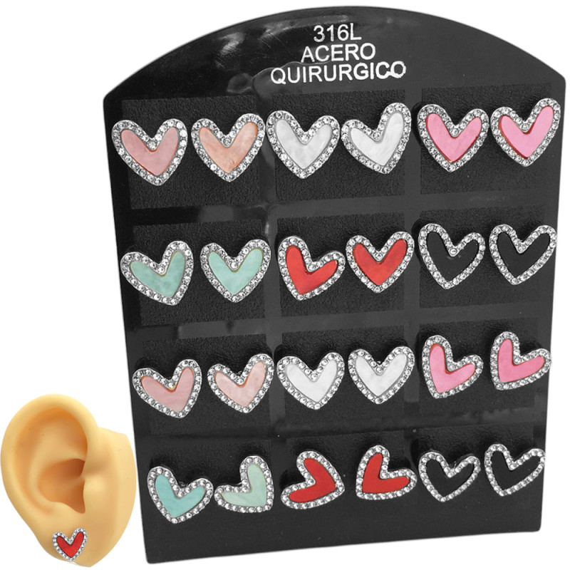 BLISTER x12 PARES CORAZON 6 COLORES C/ BORDE STRASS ARO