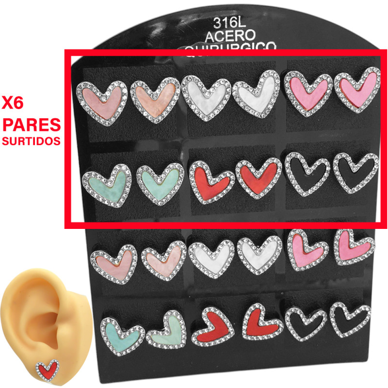 X6 PARES CORAZON 6 COLORES C/ BORDE STRASS ARO