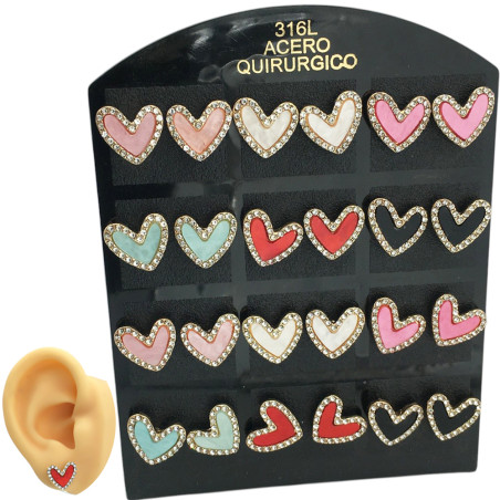 DORADO BLISTER x12 PARES CORAZON 6 COLORES C/ BORDE STRASS ARO