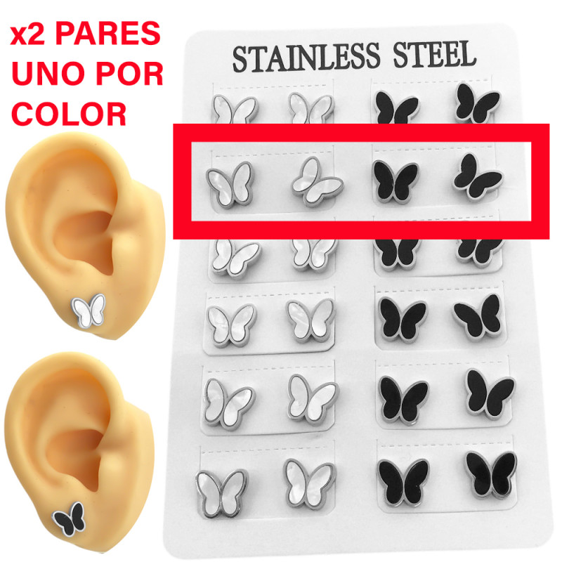 x2 PARES MARIPOSAS BLANCAS Y NEGRAS ARO