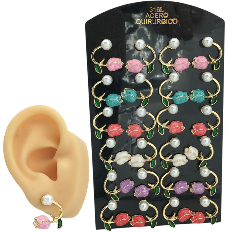 DORADO BLISTER x12 PARES PERLA Y TULIPANES 6 COLORES ARO