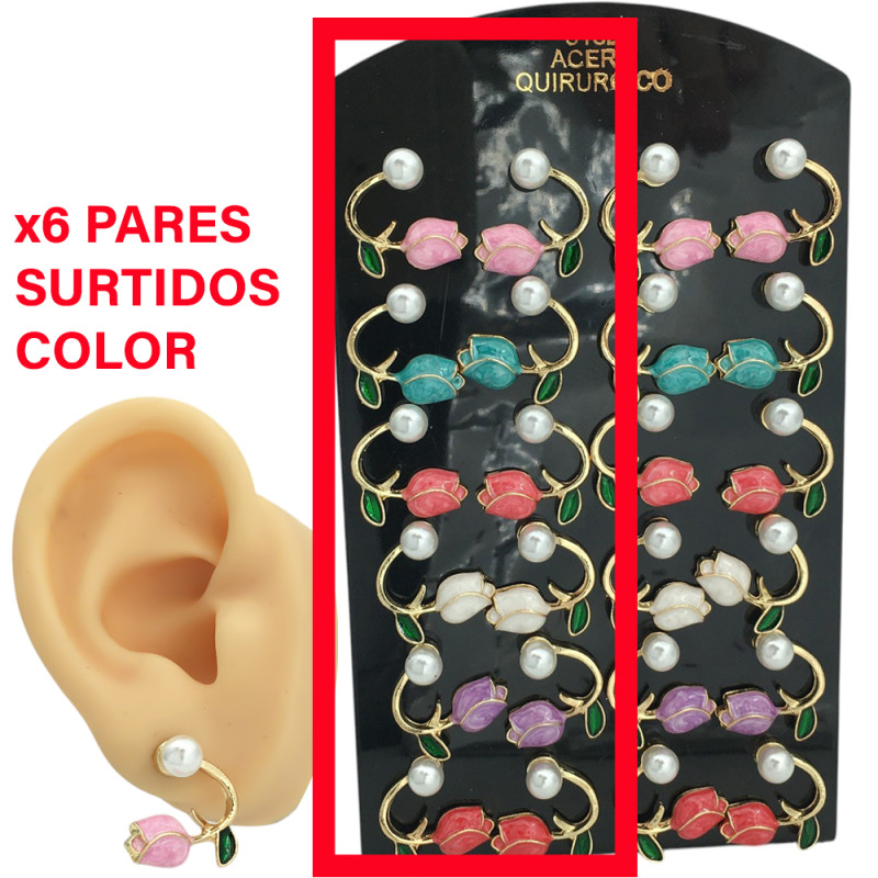 DORADO X6 PARES PERLA Y TULIPANES 6 COLORES ARO