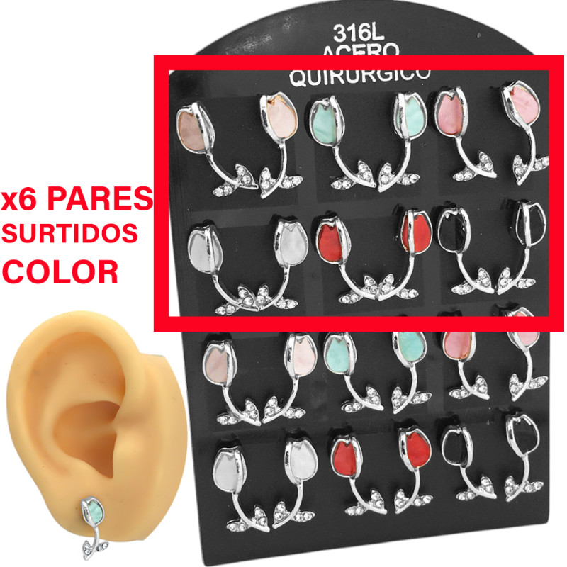 X6 PARES TULIPAN COLOR TIPO NACAR Y STRASS ARO