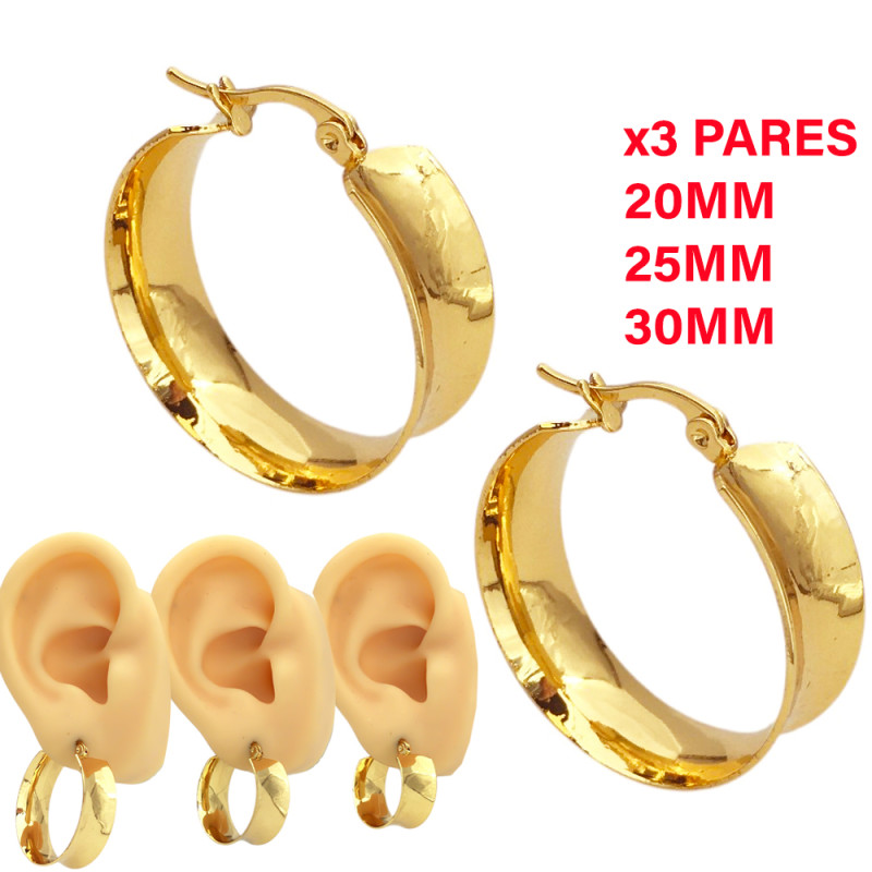 DORADO 3 PARES (20-25 Y 30MM) CONCAVA ARGOLLAS CIERRE ITALIANO ARO
