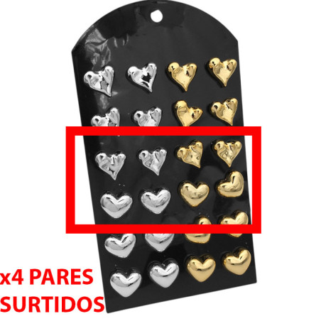 X4 PARES PLATEADO Y DORADO CORAZON ARRUGADO Y BOMBEARO