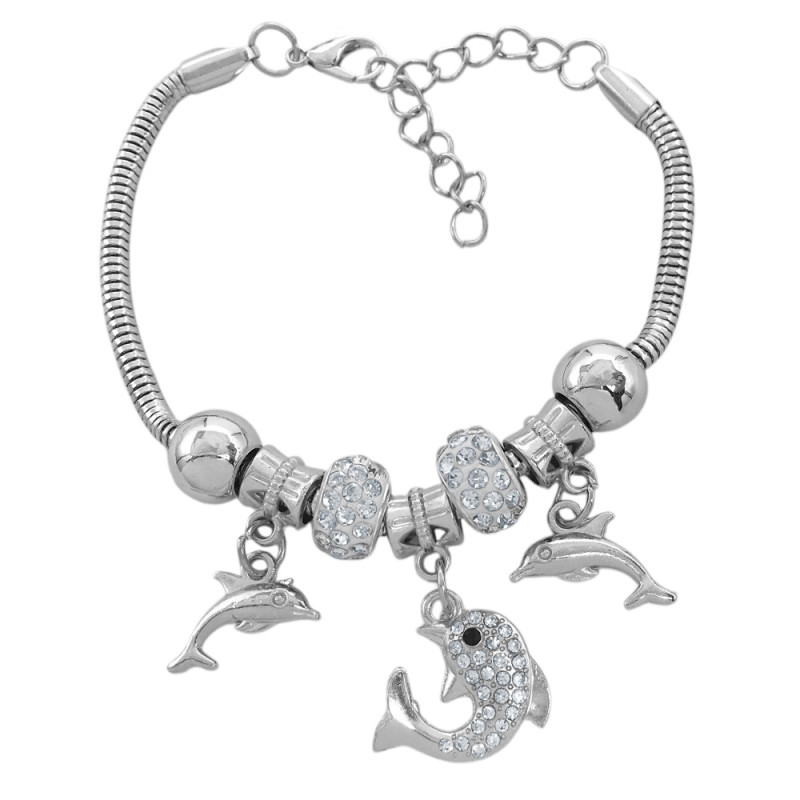 TIPO PANDORA 1 DELFIN C/ STRASS Y 2 LISOS 3.4MM - 17+4CM FANTASIA FINA PULSERA