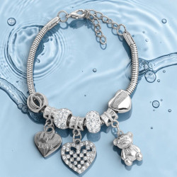 TIPO PANDORA CORAZON C/ STRASS 1 CORAZON LISO 1 OSITO 3.4MM - 17+4CM FANTASIA FINA PULSERA