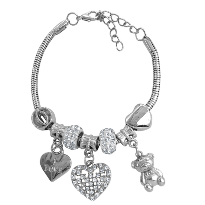 TIPO PANDORA CORAZON C/ STRASS 1 CORAZON LISO 1 OSITO 3.4MM - 17+4CM FANTASIA FINA PULSERA