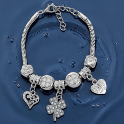TIPO PANDORA TREBOL C/ MICRO STRASS Y 2 CORAZONES 3.4MM - 17+4CM FANTASIA FINA PULSERA