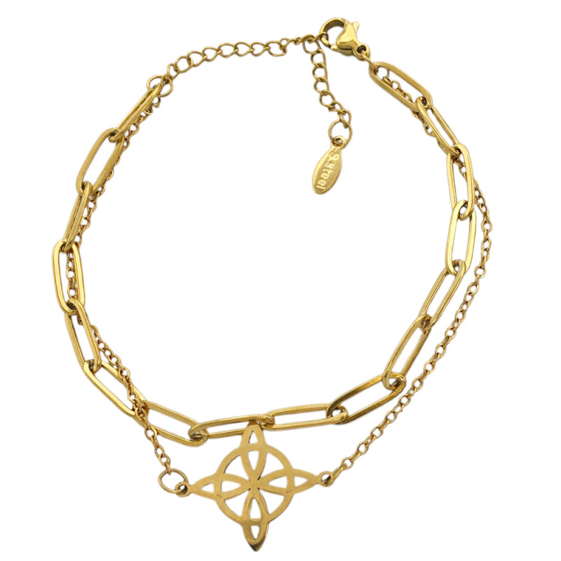 DORADO DOBLE CADENA CLIP PLANO Y ESPEJO C/ NUDO DE BRUJA CALADO 18+5CM PULSERA
