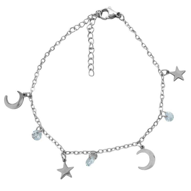 PULSERA 17+5CM REGULABLE LUNAS ESTRELLAS STRASS ACERO