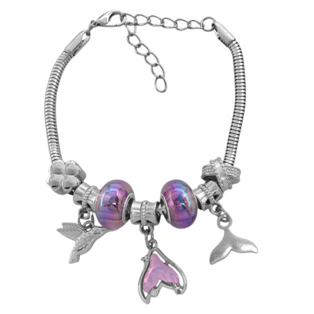 TIPO PANDORA LILA TORNASOL CORAZON COLIBRI COLA BALLENA 3.4MM - 17+4CM FANTASIA FINA PULSERA