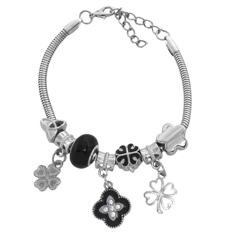 TIPO PANDORA NEGRO 3 TREBOLES 3.4MM - 17+4CM FANTASIA FINA PULSERA