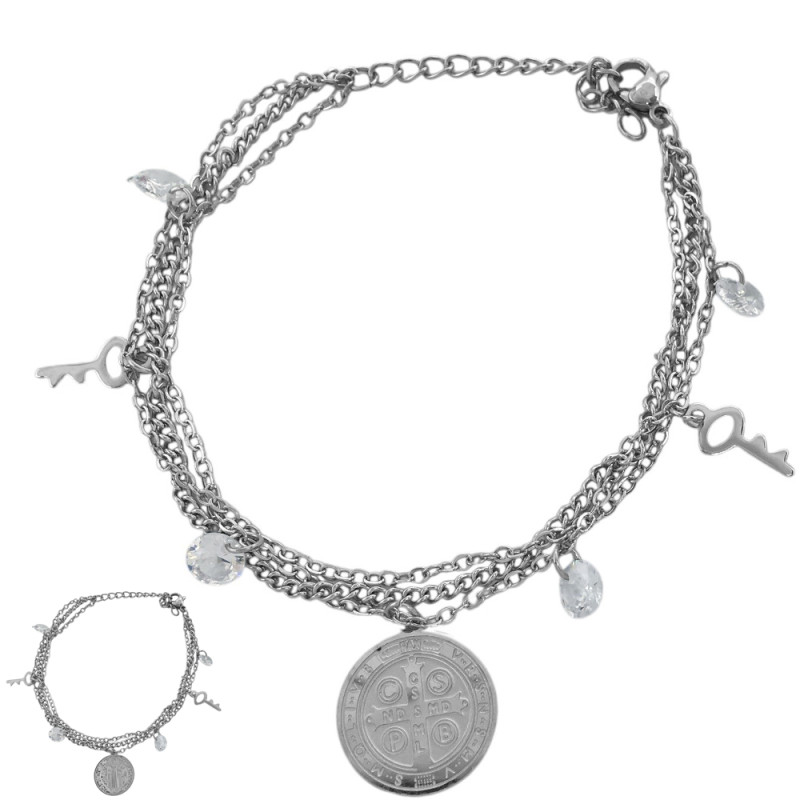 PULSERA 17.5+5CM REGULABLE 2 CADENAS SAN BENITO LLAVES Y CUBIC ZIRCON ACERO