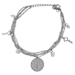 PULSERA 17.5+5CM REGULABLE 2 CADENAS SAN BENITO LLAVES Y CUBIC ZIRCON ACERO