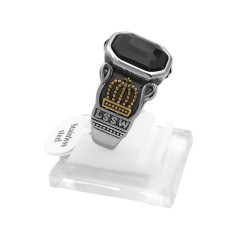 C/ CORONA DORADA Y PIEDRA NEGRA GRANDE FACETADA SELLO HOMBRE ANILLO
