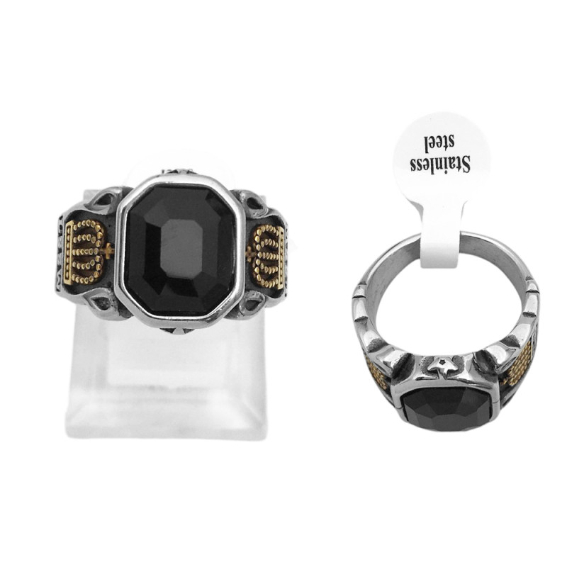 C/ CORONA DORADA Y PIEDRA NEGRA GRANDE FACETADA SELLO HOMBRE ANILLO
