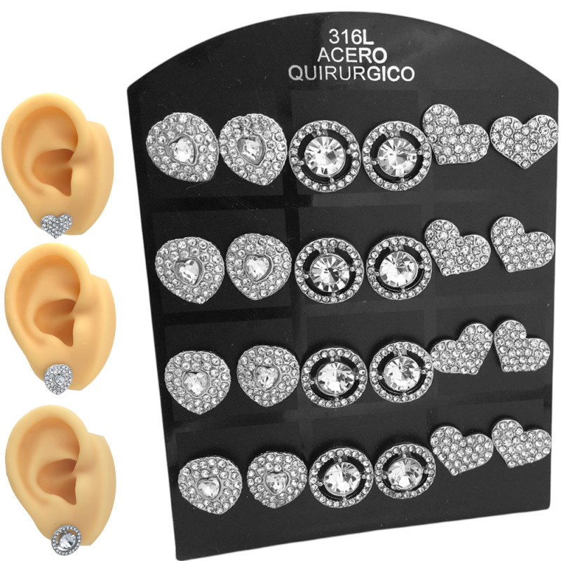 BLISTER X12 PARES PURO STRASS Y CUBIC CORAZON DOBLE - CIRCULO - CORAZON AROS