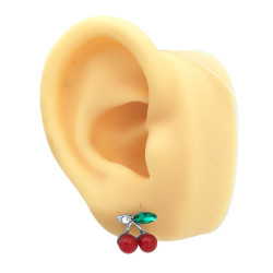 1 PAR CEREZAS 3D COLOR C/ HOJAS C/ STRASS VERDE ARO