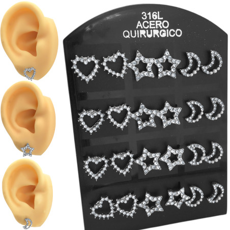 BLISTER x12 PARES CORAZON - ESTRELLA - LUNA CALADOS C/ STRASS ARO