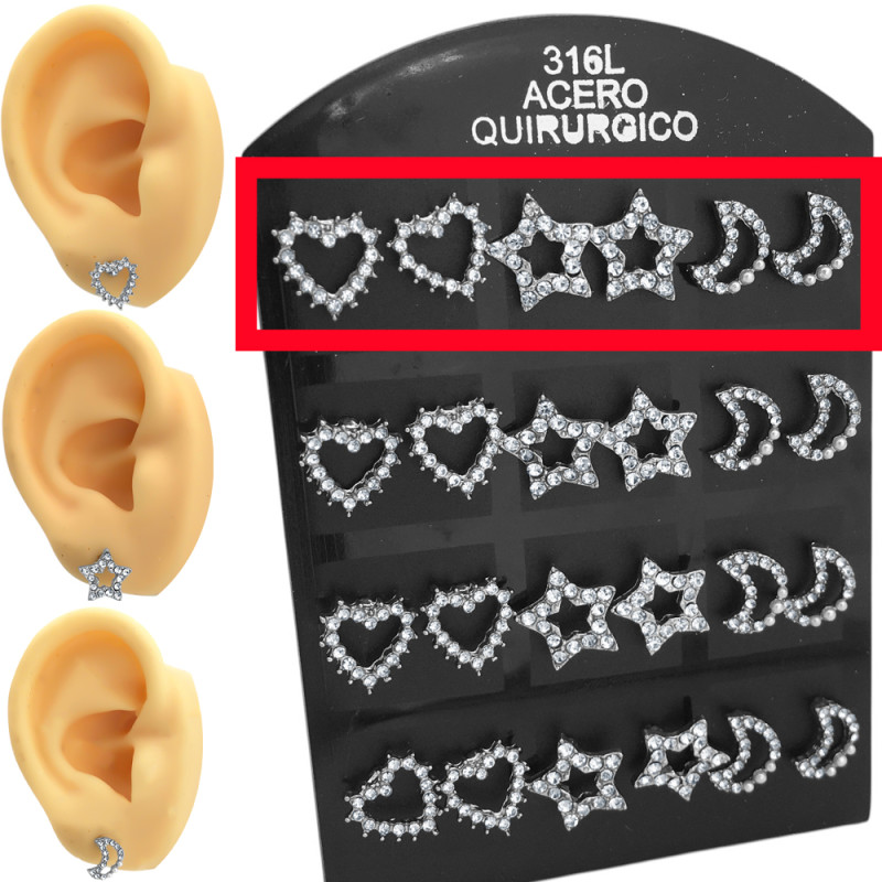X3 PARES CORAZON - ESTRELLA - LUNA CALADOS C/ STRASS ARO