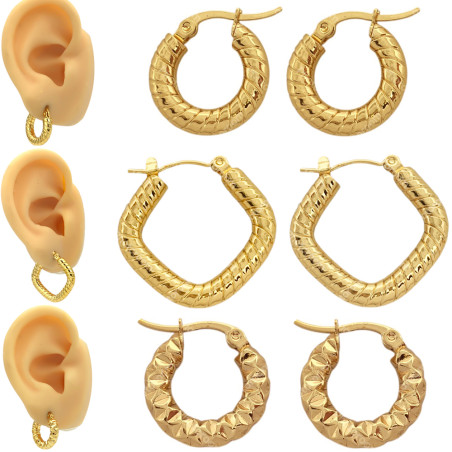 DORADO 3 PARES 17-18 Y 25MM FORMA Y RELIEVE ARGOLLAS CIERRE ITALIANO ARO