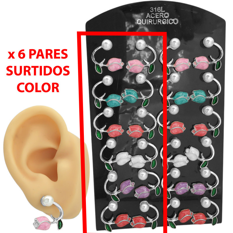 X6 PARES PERLA Y TULIPANES 6 COLORES ARO