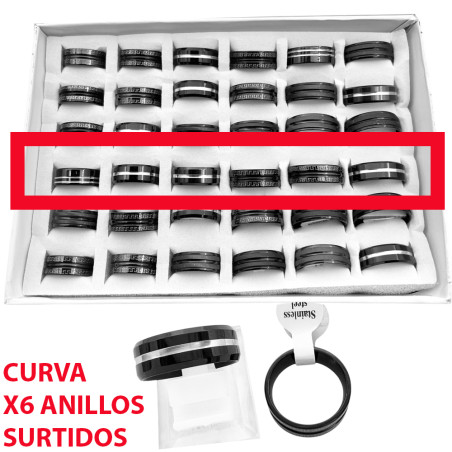 NEGRO CURVA X6 ANILLOS DISEÑOS SURTIDOS 8MM ANCHO M:2036 ANILLO